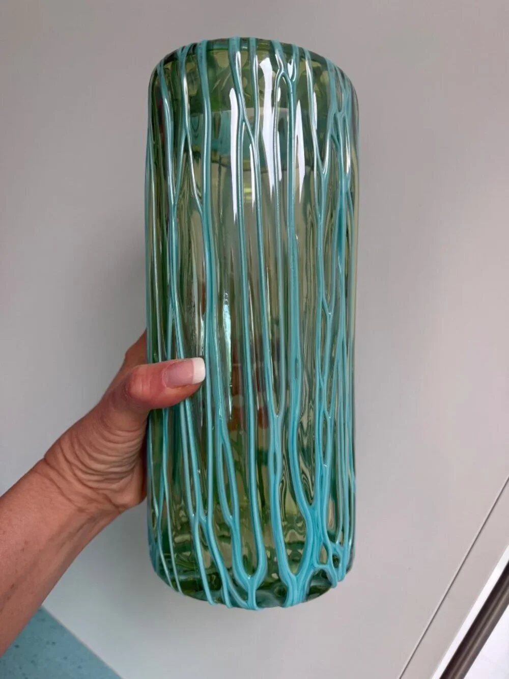 Murano Handblown Translucent Vase With Melted Threads Green Aqua Vintage